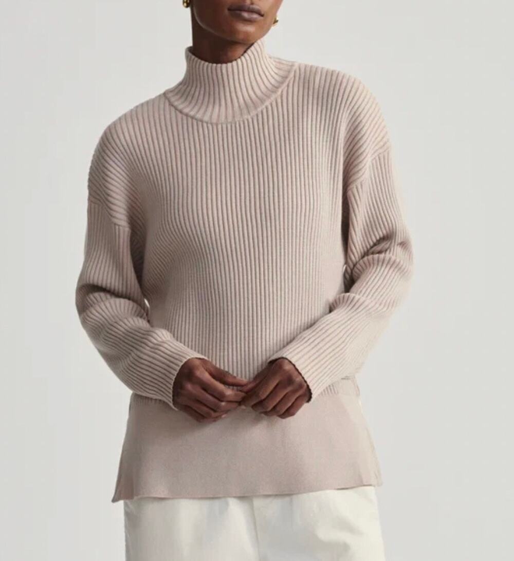 NWT Varley Mayfair Ribbed Mock Neck Turtleneck Knit Sweater Cement Beige XS